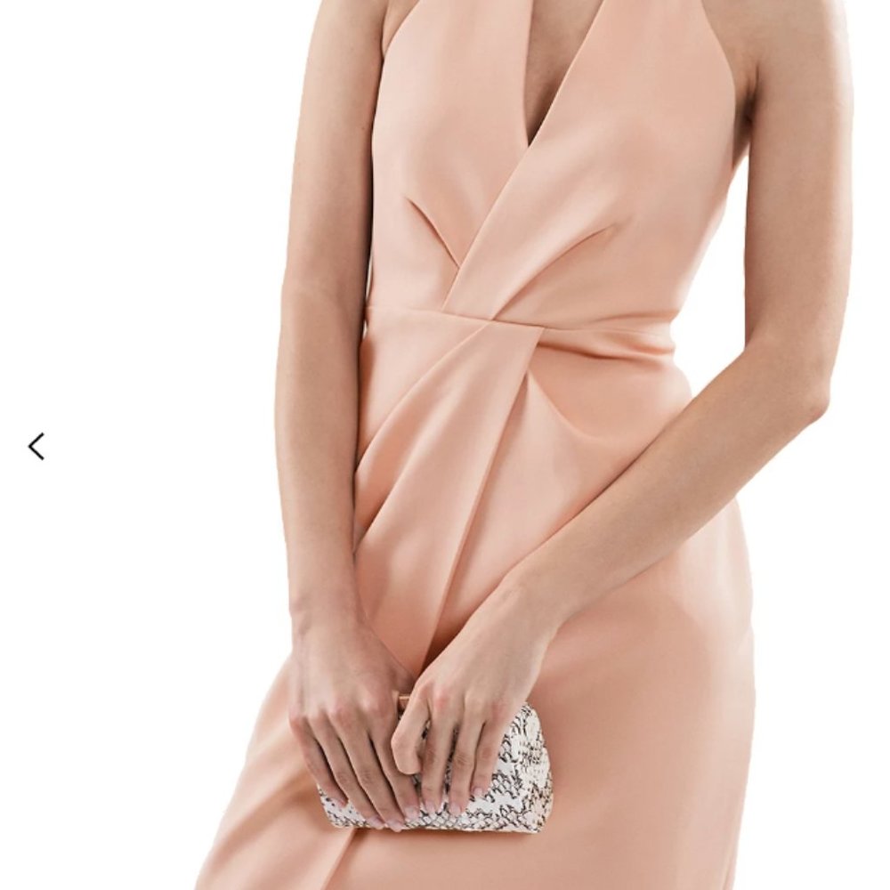 Reiss Twist Front Halter Neck Dress in Apricot